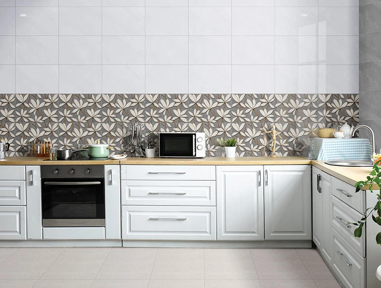 Golden tea set pattern wall tile for simple kitchen design